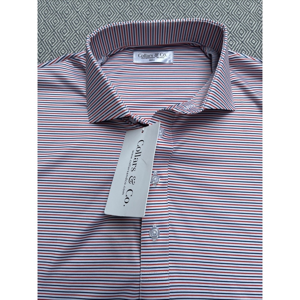 Collars and Co Polo Shirt Men's Small Red White Blue Striped Performance Tech
